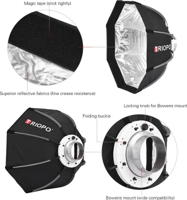 Obrázok produktu pre TRIOPO 55 cm skladací 8-hranný softbox s mäkkou látkou a taškou na prenášanie, s uchytením Bowens pre štúdiové blesky
