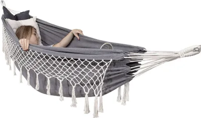 Produktbild von Doppel Hängematte mit Moskitonetz Outdoor Camping Baumwolle 200x150cm mit Fransen