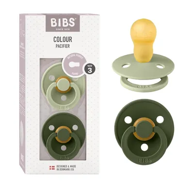 Produktbild von BIBS Colour Schnuller 2er-Pack, BPA-frei, Kirschform Nippel. Naturkautschuk / Latex, Hergestellt in Dänemark. Größe 3 (18+ Monate), Sage / Hunter Green
