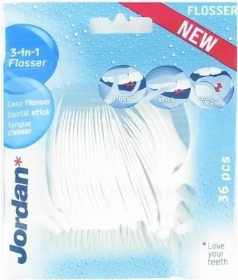 Produktbild von Jordan Flosser 3-in-1-Zahnseide, 50 Stück, mit Zahnstocher und Zungenreiniger