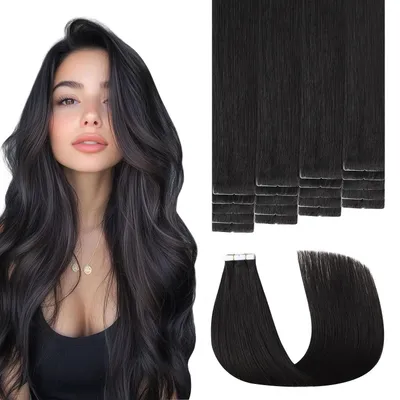 Immagine prodotto di Estensioni per capelli applicate con nastro, capelli veri Remy, 45 cm, colore #1B (nero naturale), 40 grammi, 20 pezzi