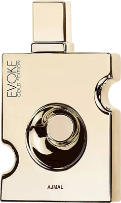 A gold-colored perfume bottle with a circular indentation on the front.