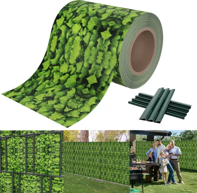 Produktbild von XMTECH 35mx19cm Sichtschutzfolie PVC Sichtschutzstreifen mit 20 Befestigungsclipse Zaunfolie Doppelstabmatten für Gartenzaun, Große Blätter