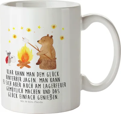 Produktbild von Mr. & Mrs. Panda Trinklernbecher Bär & Marienkäfer Lagerfeuer - Weiß - Geschenk, Plastikbecher, Camping Tasse, Teddy, Henkelbecher, Haferl, Pott