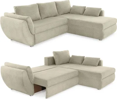 Produktbild von Ecksofa Schlaffunktion Couch mit Rutschenlehne Bettkasten in Cord Beige Grau / 15227