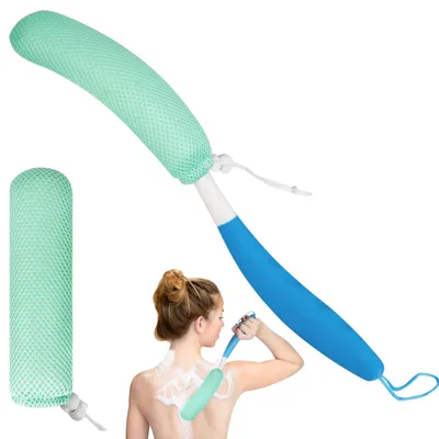 Produktbild von Badebürste mit langen, rutschfesten, gebogenen Borsten, Rückenbürste zur Verwendung in der Dusche, leicht zugänglich für Senioren, geeignet für ältere Menschen/Schwangere, zum Baden und Duschen.