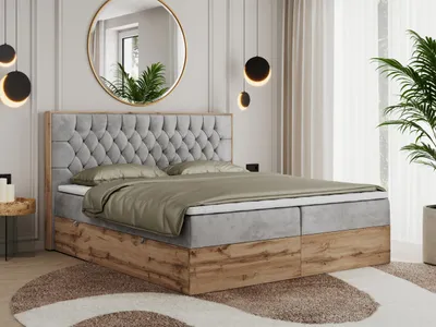 Produktbild von MKS MEBLE Boxspringbett 200x200 mit Bettkasten Eiche, Polsterbett 200x200 mit Matratze H4, Bett 200x200 mit Kopfteil, Bett mit Holzrahmen in Wotan Eiche - Hellgrau Velvet - Amore