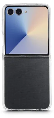 A clear protective case for a Samsung Galaxy Z Flip7 phone, shown from the back.