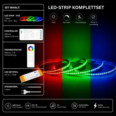Produktbild von LED Streifen Set RGB IP33 – COB LED Streifen 24V, 14 W/m, 5m, punktfrei – SS100 Netzteil, SZ5 Zigbee 3.0 Controller  und  C5 Fernbedienung Weiß