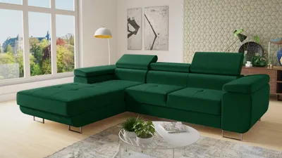 Produktbild von Ecksofa Divo mit einstellbare Kopfstützen und Schlaffunktion, Couchgarnitur, Sofagarnitur, Couch, Schlafsofa (Grün (Kronos 19), Ecksofa Links)