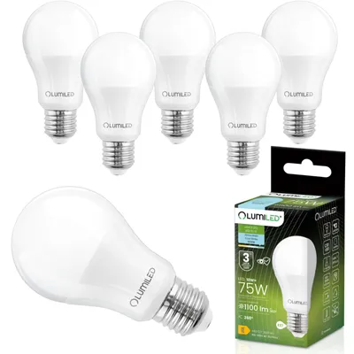 A collage of LED light bulbs and their packaging.