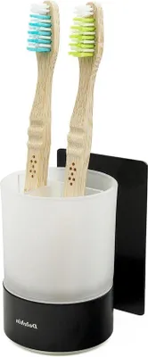Produktbild von Famanu Zahnputzhalter ohne Bohren - Milchglas - Zahnputzbecher - Edelstahl - Matt Schwarz