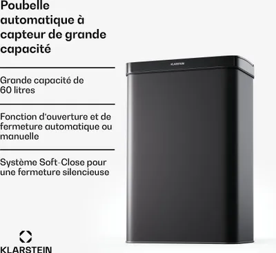 Image de Klarstein Sensor poubelle 60L - sans contact avec capteur de mouvement & soft-close, inox, noir mat, poubelle de cuisine, poubelle 3 en 1 avec système de séparation