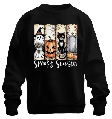 Imagen del producto de Sudadera uni con motivos de Halloween: calabaza, gato , fantasma, tumba, araña. Color: . Talla: XXL