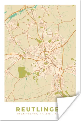 Produktbild von MuchoWow® Poster Jahrgang - Reutlingen - Karte - Stadtplan 120x180 cm - Kunstposter