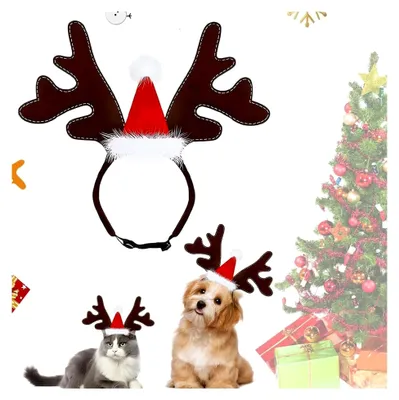 Produktbild von Weihnachtskostüm für Hunde, Katzenkostüm mit Rentiergeweih und Weihnachtsmütze, verstellbare Kopfbedeckung