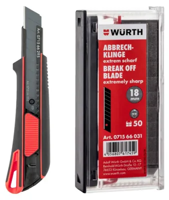 Produktbild von Würth Cuttermesser 071566295 Teppichmesser 18mm inkl. 3 Abbrechklingen und 50 zusätzlichen 18mm Abbrechklingen extrem scharf im Spender