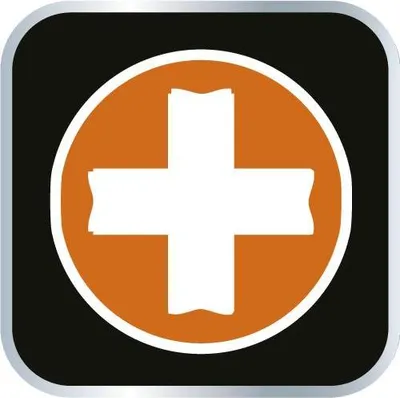 A white cross symbol on an orange circle, set against a black background with a silver border.