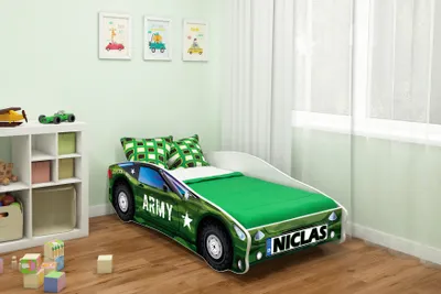 A child's bedroom with a car-shaped bed.