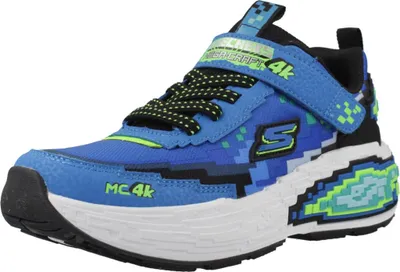 A single blue sneaker with pixelated graphics, presented against a white background.