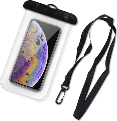 A transparent waterproof phone pouch with a smartphone inside and a black lanyard.