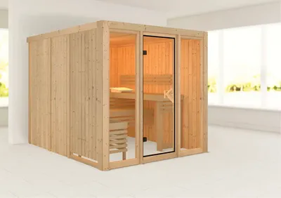 Produktbild von Elementsauna Karibu Laskaja ohne Ofen und Dachkranz mit bronzierter Ganzglastür
