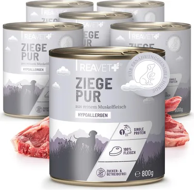 Produktbild von REAVET Premium Hunde Nassfutter - Ziege Pur 6 x 800g I Reines Muskelfleisch, Hypoallergen, ohne Getreide & Zusätze, Hundenassfutter sensitiv für Allergiker