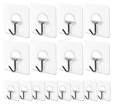 Produktbild von 16 Stück transparente selbstklebende Haken für Küche, Bad, Wand und Decke (7,2 cm x 7,2 cm), Tragfähigkeit bis 10 kg