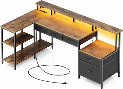 Imagen del producto de Escritorio en forma de L - Escritorio de esquina con cajones - Ideal para trabajar y estudiar en casa - Con toma de corriente integrada - 163 cm de ancho - Color marrón vintage