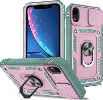 Produktbild von iPhone XR Hülle, Schiebe Kamera Schutz Robust Stoßfest Schutzhülle mit Ringhalterung Ständer Kartenhalter für iPhone XR Pink
