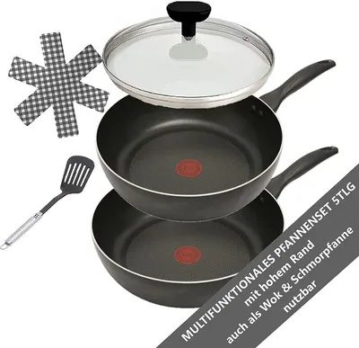 A set of two frying pans and a lid, with a spatula and a heat-resistant mat.