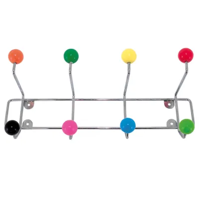 A colorful coat rack with multiple hooks.