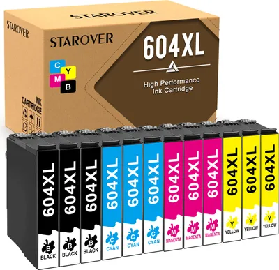 A box of Starover 604XL ink cartridges is shown in front of a row of the ink cartridges.