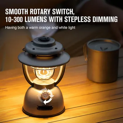 Produktbild von Retro LED-Campinglampe – Dimmbare Campingleuchte – USB-Powerbank – IPX5-Schutz – 300 Lumen – Grau