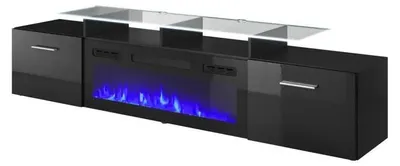 Produktbild von Cama RTV-Schrank ROVA mit elektrischem Kamin 190x37x48 cm schwarz/schwarz glänzend, Schwarz, Partikelbord, Schwarz, Partikelbord, Laminat, Matt