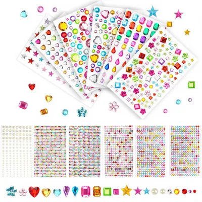 3888 selbstklebende Glitzersteine, 12 Blatt, bunt, 3–20 mm, rund, Stern, Herz