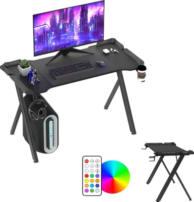 Obrázek produktu pro TWOLIIN Herní stůl s LED,120x60x75cm RGB počítačový stůl s povrchem z uhlíkových vláken,Stůl s dálkovým ovládáním,Držák na šálky a háček na sluchátka,Ergonomický herní stůl s Y-rámem,Černý