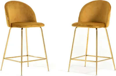 Image de Set de 2 tabourets intérieurs en velours rembourré avec pieds en métal - design moderne et élégant, idéal pour les îlots de cuisine et les espaces repas - SARA XL - moutarde/or