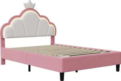 Produktbild von Prinzessinnen-Kinderbett - Einzelbett 90x200 cm - Metallgestell - Kronenförmiges Kopfteil - Verstellbares Kopfteil - Rosa