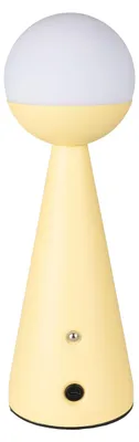 Tischlampe Bello Lemon mit gelbem Stahlgestell und grauer kugelförmiger Leuchte, Gesamtansicht.