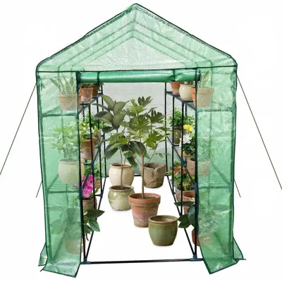 Produktbild von Gewächshaus Garten - Begehbares Pflanzzelt - 142x210x190 cm - 3 Ebenen 9 Regale - Wasserfeste PE-Folie - Tomaten Treibhaus - Rolltür mit Reißverschluss - Grün