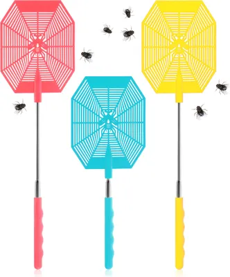 Produktbild von COM-FOUR® 3x Fliegenklatsche mit Teleskop, Ausziehbar 27-58 cm, Teleskopklatsche um Fliegen, Wespen, Mücken und andere Insekten abzuwehren - Stabile Insektenklatsche