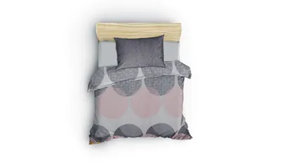 A top-down view of a single bed with bedding.