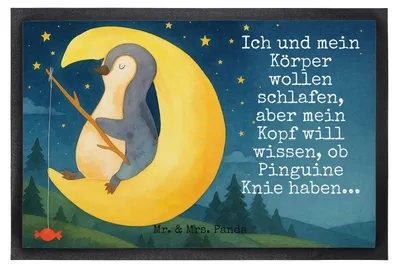 Produktbild von Mr. & Mrs. Panda Schmutzfangmatte Pinguin Mond Design 50 x 75 cm - Weiß - Geschenk, fußmatte, Fussmatte, Nachtruhe, Pinguine, Angel, flurmatte, Schmutzmatte, Spruch