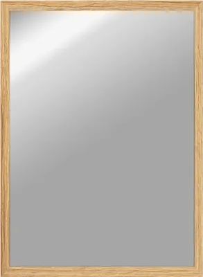 A rectangular mirror with a wooden frame.
