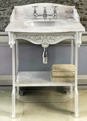 Produktbild von Casa Padrino Luxus Jugendstil Stand Waschtisch Weiß / Weiß mit Marmorplatte mit Spritzschutz hinten, seitlich und Ablage Barock Waschbecken Barockstil Antik Stil