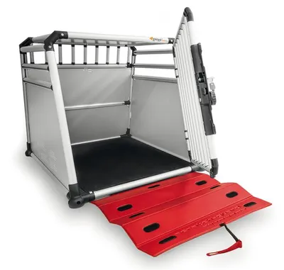 A dog crate with an extended ramp, shown from a slightly elevated front-diagonal angle against a white background.
