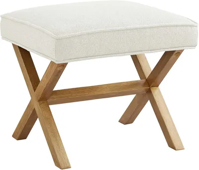 Productafbeelding van Poef - Kruk met X-poten - Mid-century stijl - Massief houten onderstel - 51 x 46 x 46 cm - Crème