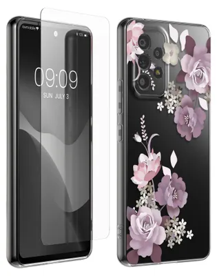 Produktbild von kwmobile Hülle kompatibel mit Samsung Galaxy A53 5G Handyhülle - Silikon Case transparent - Mit Glas Schutzfolie - Blumenblüten und Rosen Pastelllila