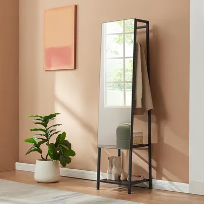 Image de Miroir de dressing 2 en 1 « Klilbojle » Miroir pleine longueur avec tringle à vêtements et 2 étagères Métal 160 x 40 x 35 cm Noir